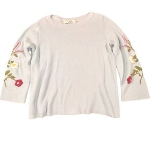 Rosie Neira Light Blue Ribbed Floral Embroidered 3/4 Sleeve Sweater Medium